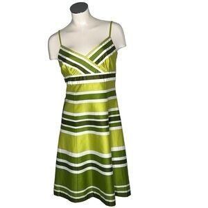 NWT ANN TAYLOR Green and White Striped Fully Lined V-neck A-line Sundress Size 6